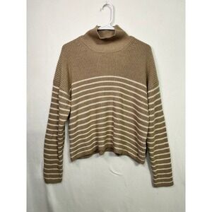 Truth by Republic Tan White Striped Mock Neck Ribbed Knit Sweater Large